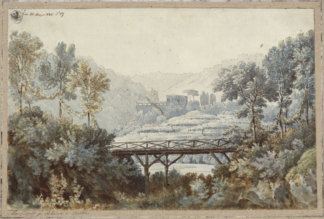Aline, Königin von Golkonda. Oper von Henri-Montan Berton. Entwurf zur 2. Dekoration. Landschaft mit Fluss und Brücke von Karl Friedrich Schinkel