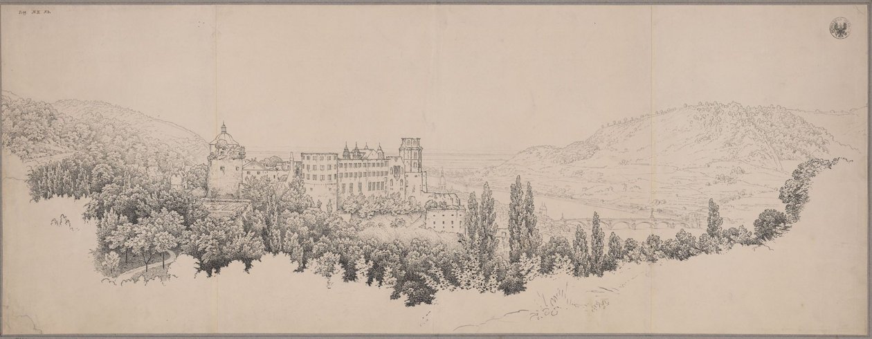Ansicht des Heidelberger Schlosses mit der Neckarbrücke und dem Neckartal von Karl Friedrich Schinkel