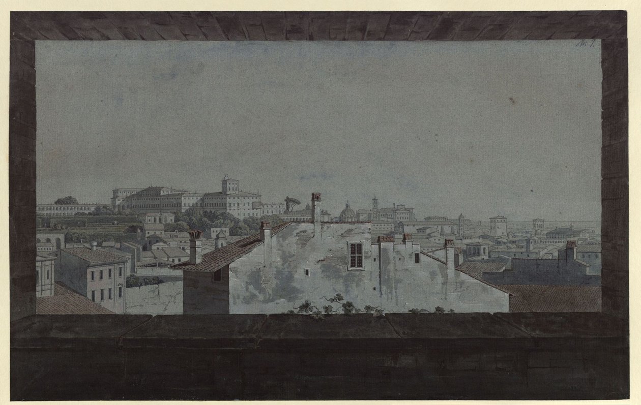 „Ansicht des Quirinalspalastes und eines Teils von Rom, aus dem Fenster der Wohnung eines Freundes gezeichnet“ von Karl Friedrich Schinkel