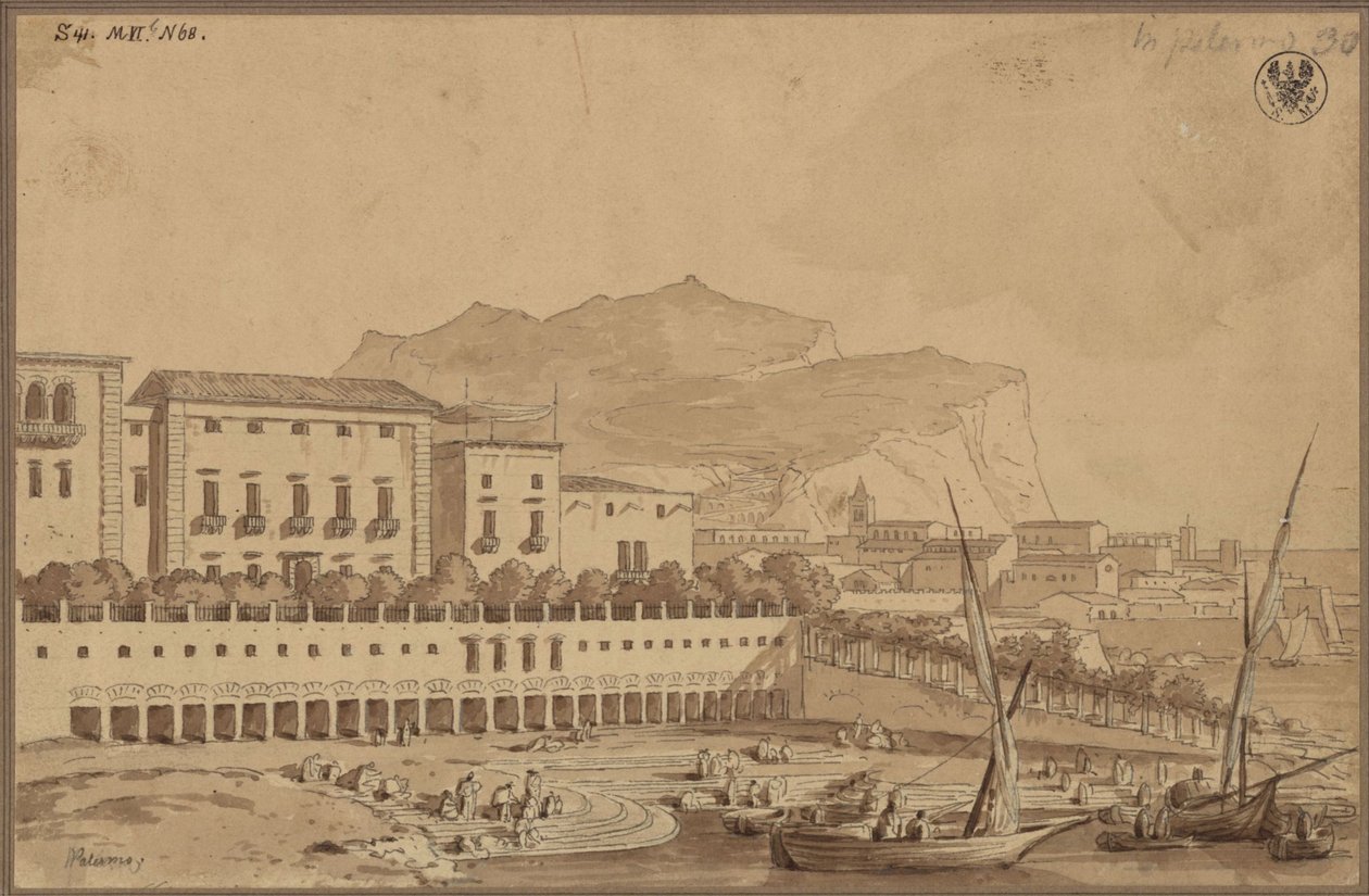 "Ansicht vom Altan meiner Wohnung in Palermo, der kleine Stadthafen, in der Ferne der Monte Pellegrino" von Karl Friedrich Schinkel
