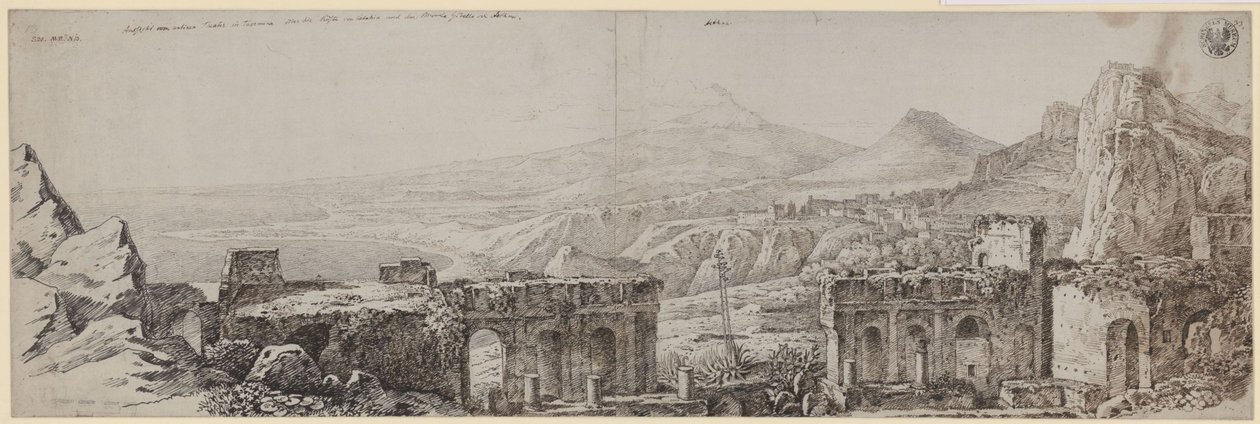 „Aussicht vom antiken Theater in Taormina über die Küste von Catania und den Monte Gibello oder Aetna“ von Karl Friedrich Schinkel