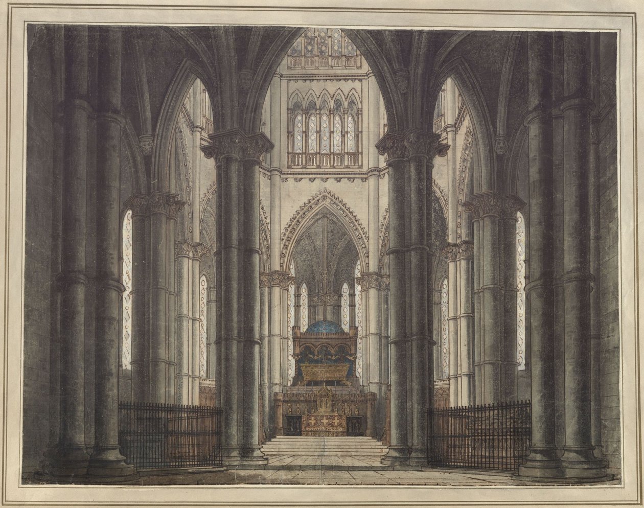 Axel und Walburg. Trauerspiel von Adam Oehlenschläger. Entwurf zu einer Dekoration. Inneres einer Gruftkirche von Karl Friedrich Schinkel