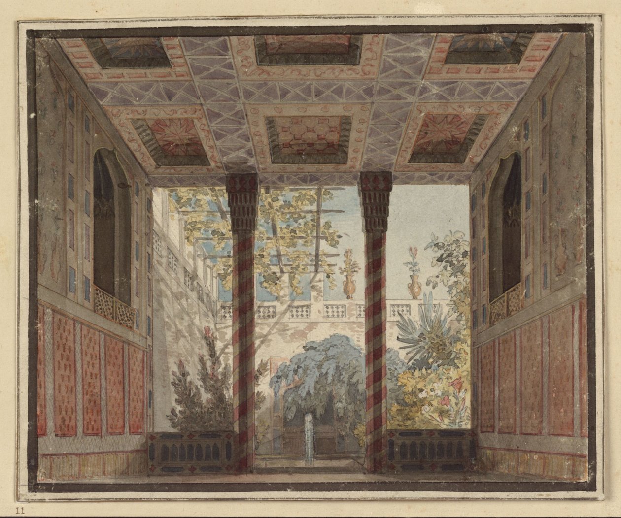 Axur, König von Ormus. Oper von Antonio Salieri. Entwurf zur 6. Dekoration. Gartenzimmer der Astasia von Karl Friedrich Schinkel
