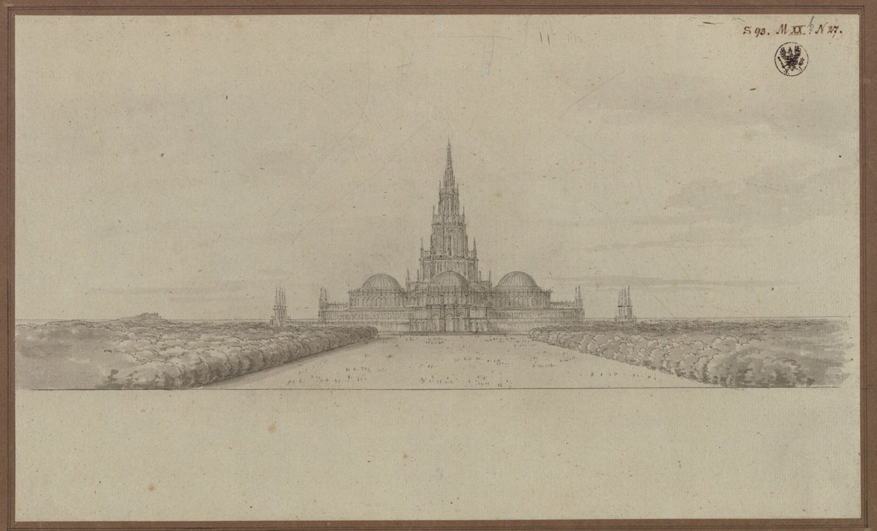 Berlin. Entwurf zu einem Dom als Denkmal für die Befreiungskriege (Befreiungsdom) mit Vierungsturm und Kuppeln über den Kreuzarmen von Karl Friedrich Schinkel