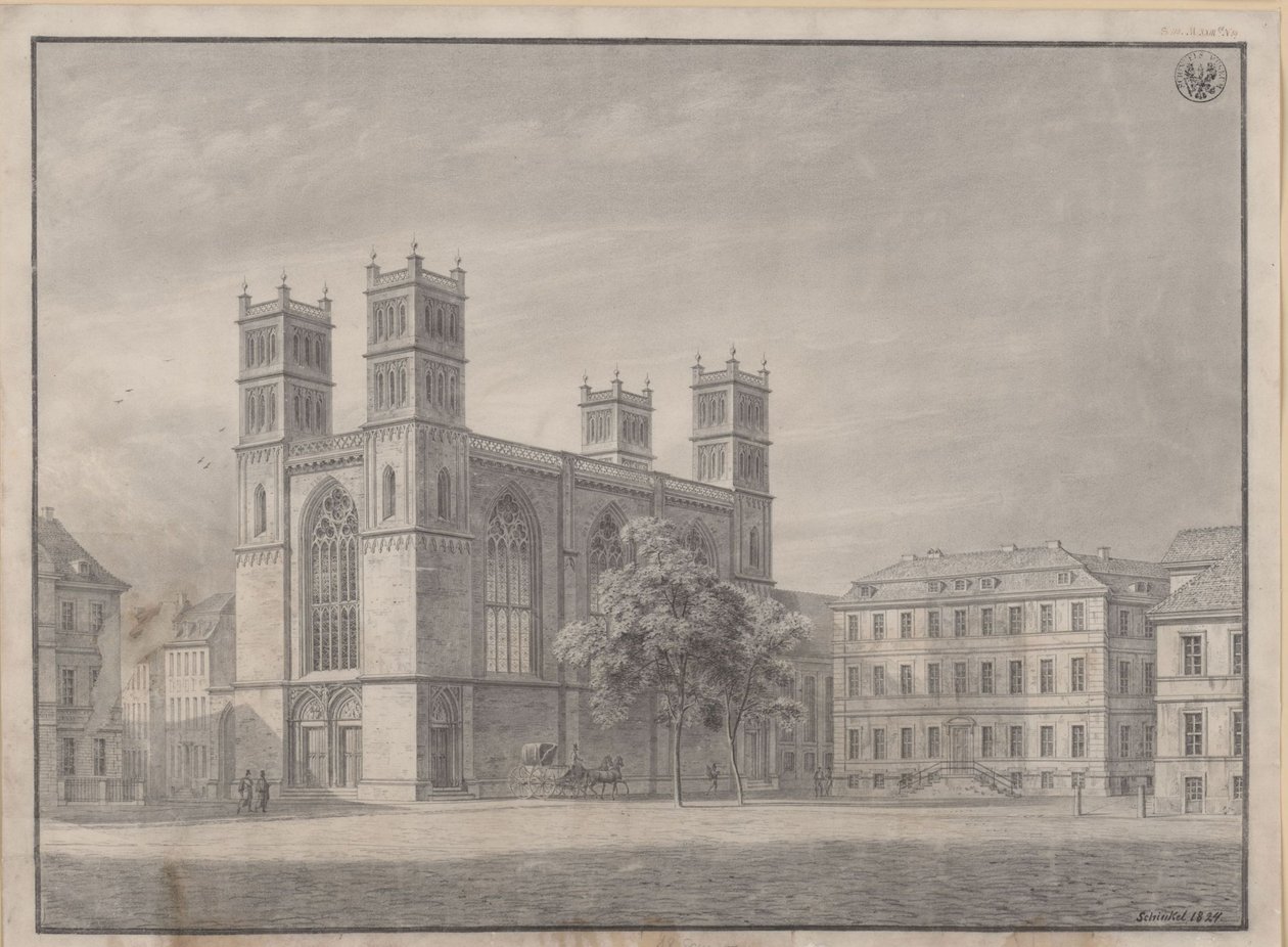 Berlin. Friedrichswerdersche Kirche. Perspektivansicht und Variante mit vier Ecktürmen von Karl Friedrich Schinkel