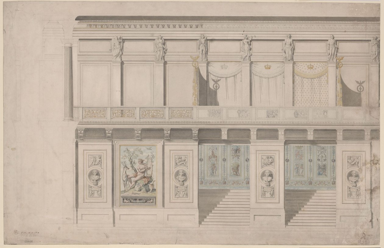 Berlin. Schauspielhaus am Gendarmenmarkt, Konzertsaal. Aufriss der Längswand von Karl Friedrich Schinkel