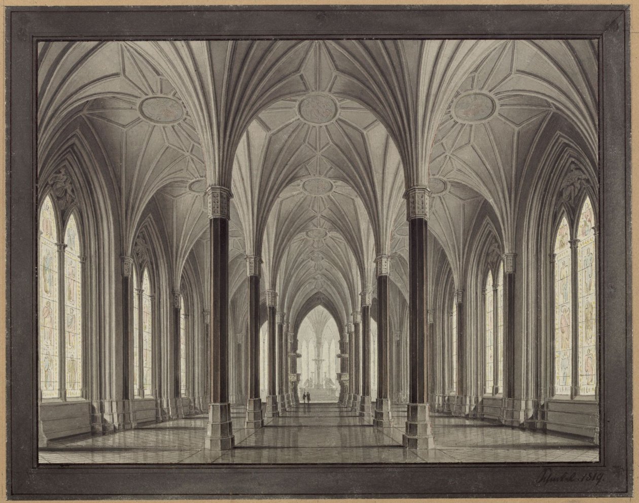 Berlin, Spittelmarkt. Entwurf zur Gertraudenkirche. Innenansicht, Blick durch das Langhaus zum Chor von Karl Friedrich Schinkel