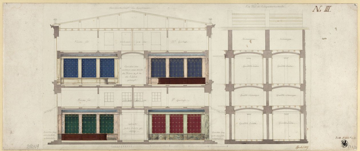 Berlin, Unter den Linden. Entwurf zu einem Kaufhaus. Zwei Schnitte von Karl Friedrich Schinkel