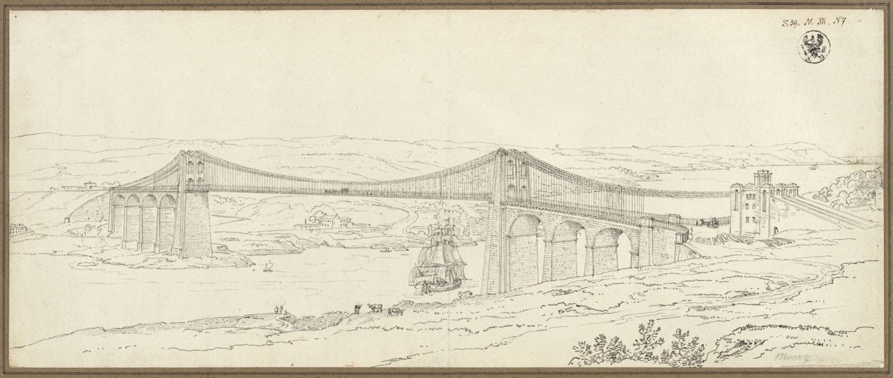 Blick auf die Hängebrücke über die Menai Strait bei Bangor in Wales von Karl Friedrich Schinkel