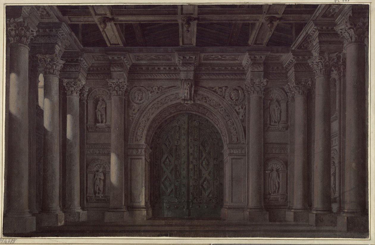 Braut von Messina. Trauerspiel von Friedrich Schiller. Entwurf zur 1. und zur letzten Dekoration. Halle mit Säulen und Portal von Karl Friedrich Schinkel