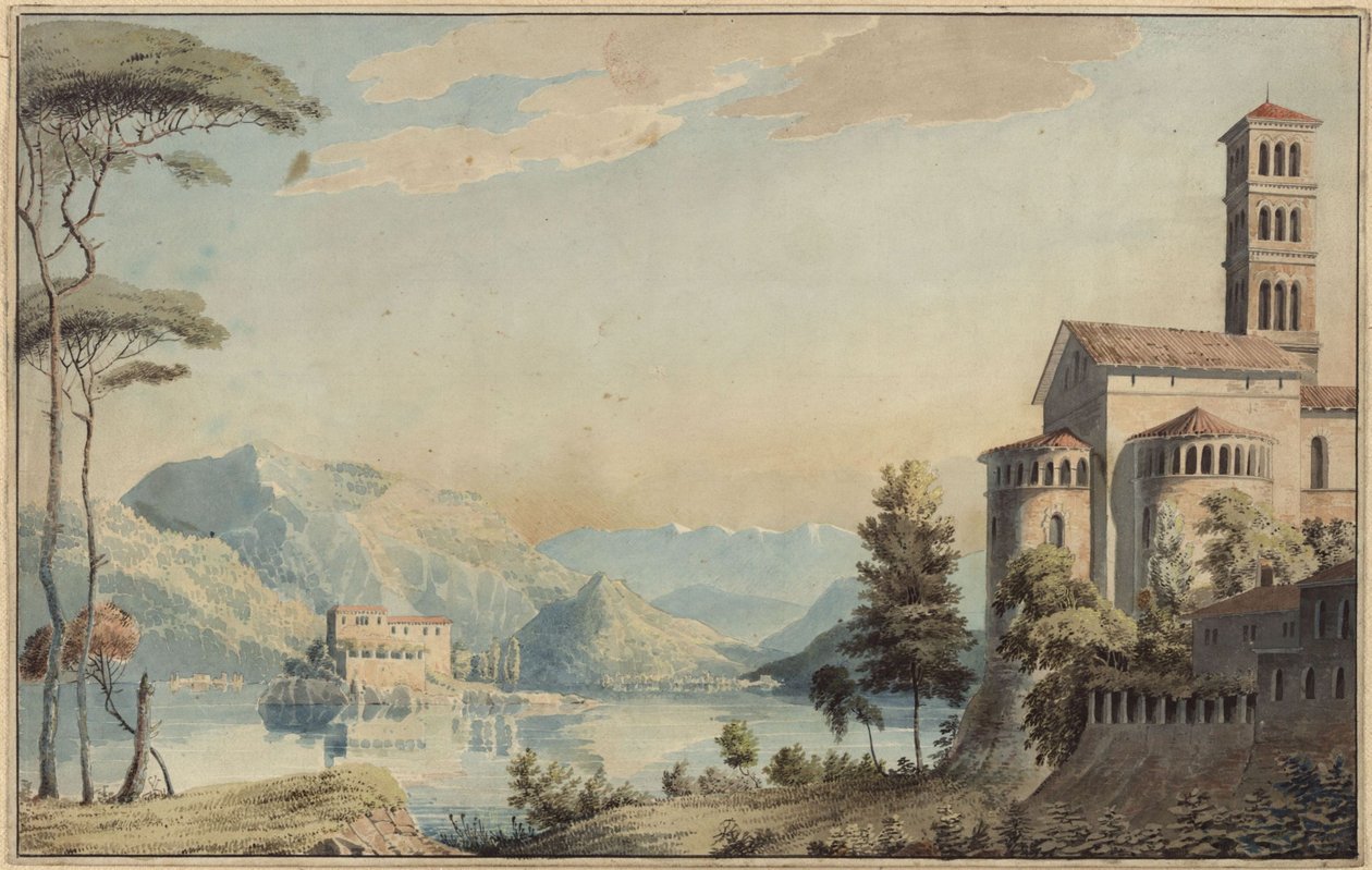 Dekoration zum allgemeinen Gebrauch. Landschaft mit See und Kirche von Karl Friedrich Schinkel