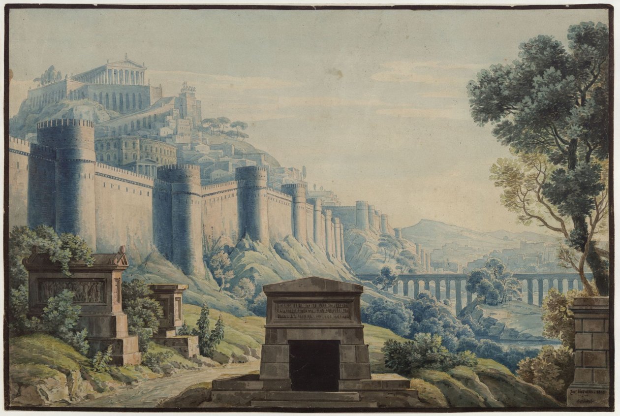 Die Vestalin. Oper von Gaspare Spontini. Entwurf zur 3. Dekoration. Antikisierende Stadt auf einem Berg hinter hohen Mauern von Karl Friedrich Schinkel