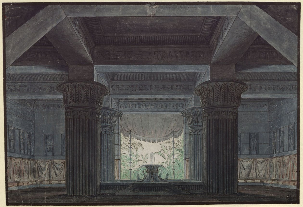 Die Zauberflöte. Oper von Wolfgang Amadeus Mozart. Entwurf zur 3. Dekoration. Halle in Sarastros Burg von Karl Friedrich Schinkel