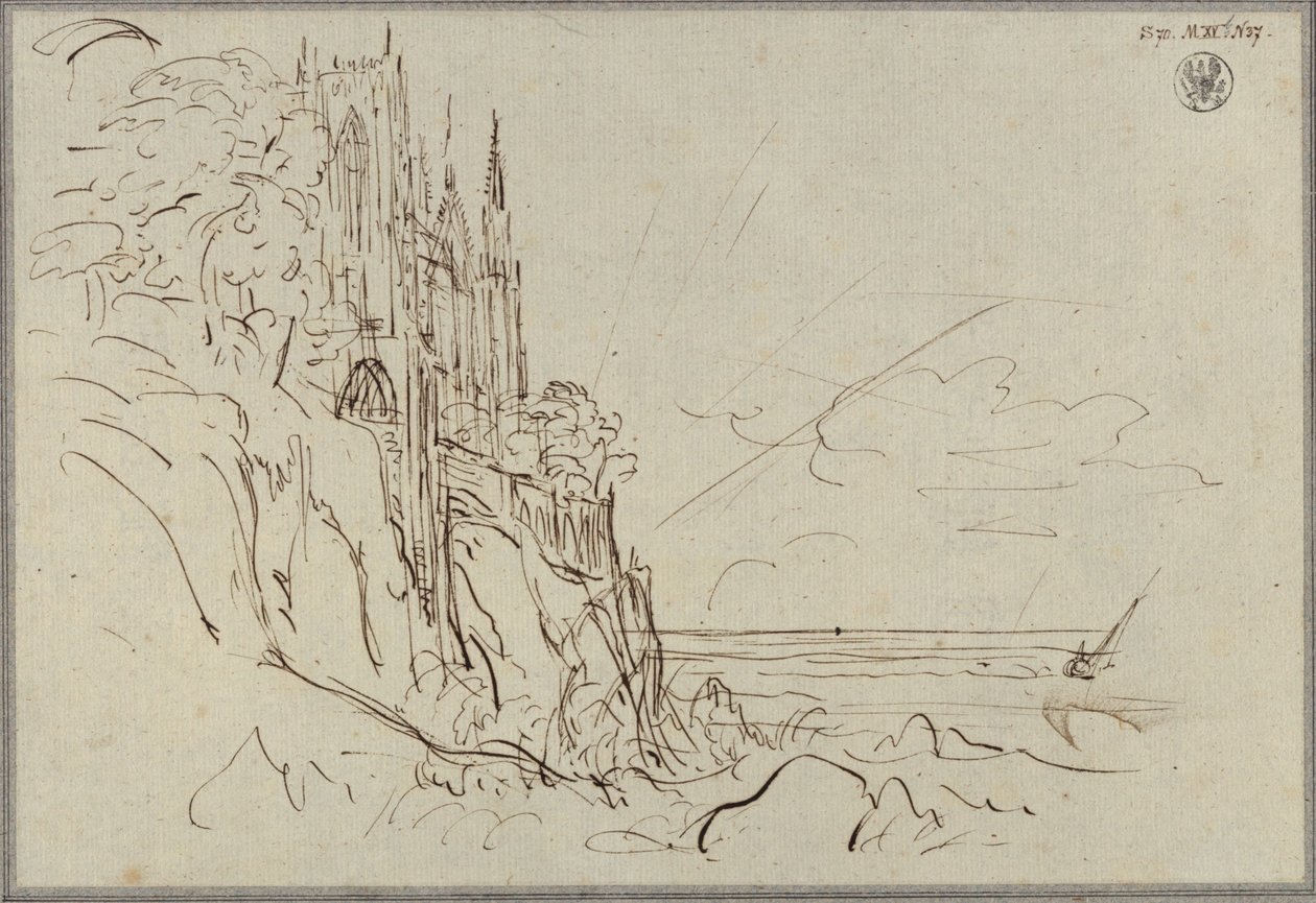 Eine gotische Kirche an einer steilen Meeresküste vor aufgehender Sonne von Karl Friedrich Schinkel