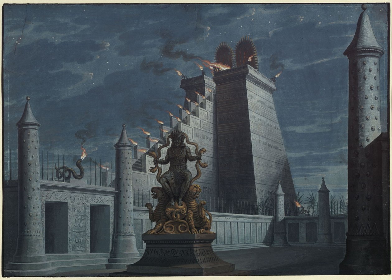 Fernand Cortez, oder: Die Eroberung Mexikos. Oper von Gaspare Spontini. Entwurf zur 1. Dekoration. Indianischer Feuertempel von Karl Friedrich Schinkel