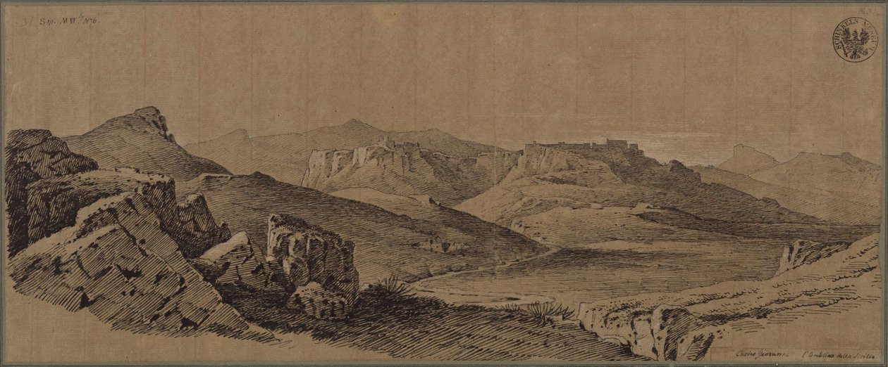 „Festung Castro Giovanni im Mittelpunkt von Sizilien“ / Ansicht von Enna auf Sizilien von Karl Friedrich Schinkel