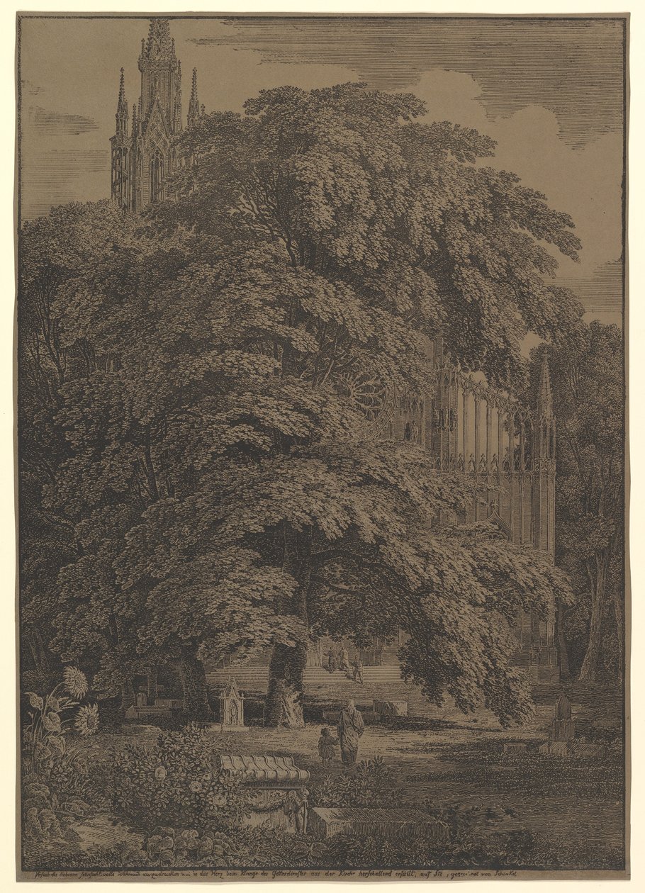 Gotische Kirche hinter einem Baum von Karl Friedrich Schinkel
