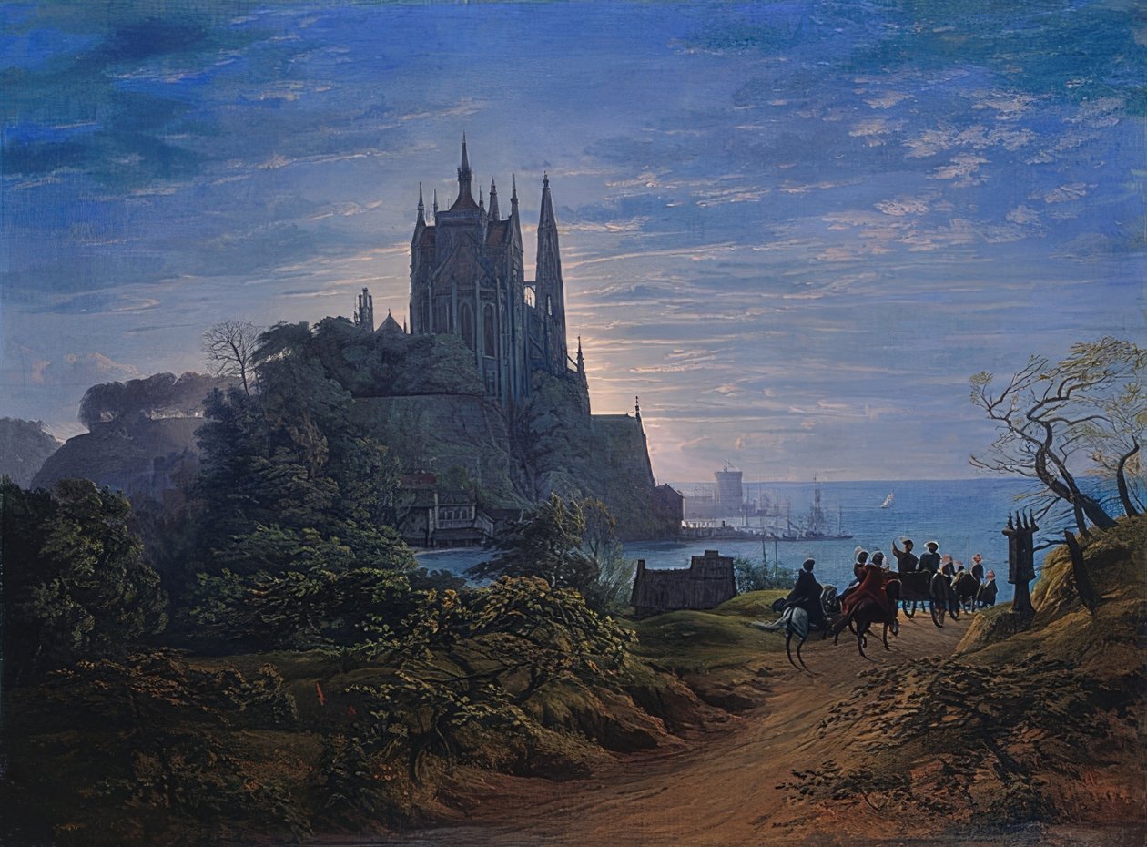 Gotische Kirche auf einem Felsen am Meer von Karl Friedrich Schinkel