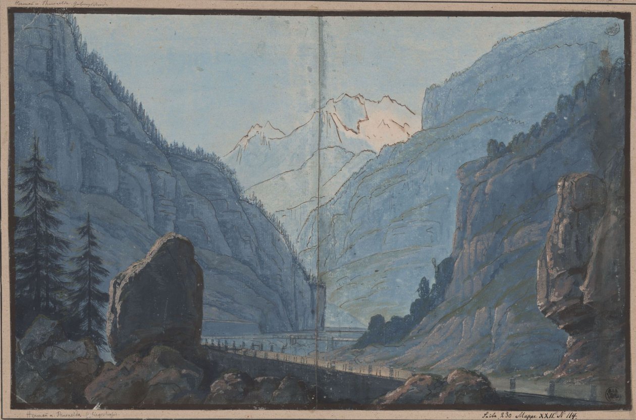 Hermann und Thusnelda. Schauspiel von August von Kotzebue. Entwurf zur 5. Dekoration. Gebirgsstraße von Karl Friedrich Schinkel