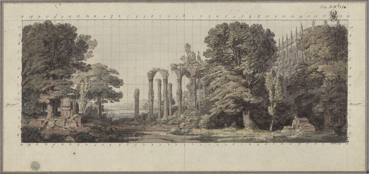 Kirche und Ruinen eines gotischen Klosters unter Bäumen von Karl Friedrich Schinkel