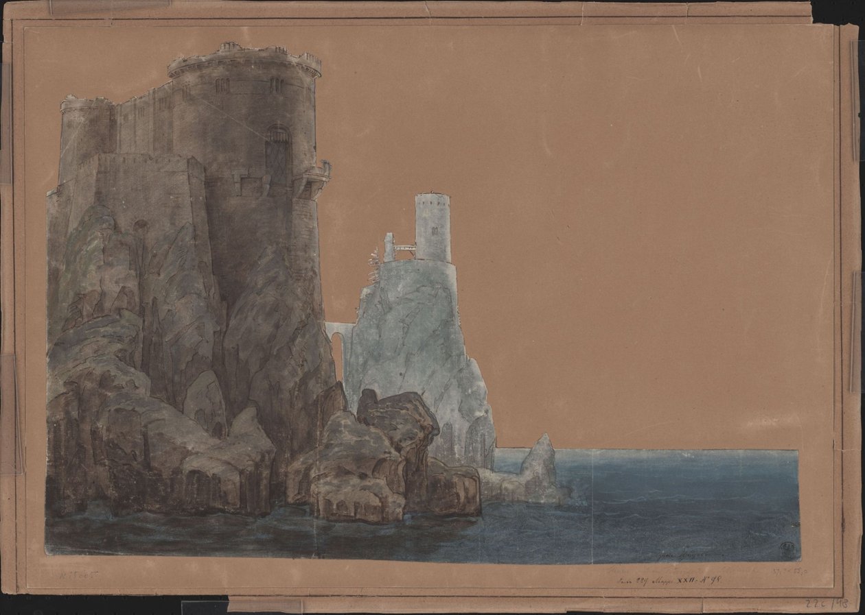 König Yngurd. Trauerspiel von Adolf Müllner. Entwurf zur 4. Dekoration. Turm mit Todespforte am Meer von Karl Friedrich Schinkel