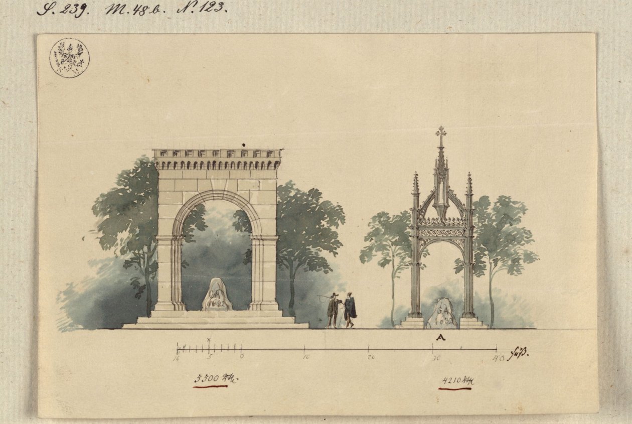 Lützen. Entwurf zu einem Denkmal für König Gustav II. Adolf von Schweden als vierseitig offene Bogenhalle und als Tabernakel über dem Schwedenstein von Karl Friedrich Schinkel
