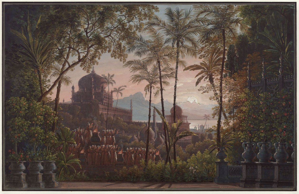 Nurmahal oder das Rosenfest von Kaschmir. Oper von Gaspare Spontini. Entwurf zur 1. Dekoration. Palastgarten mit Blick auf Kaschmir von Karl Friedrich Schinkel