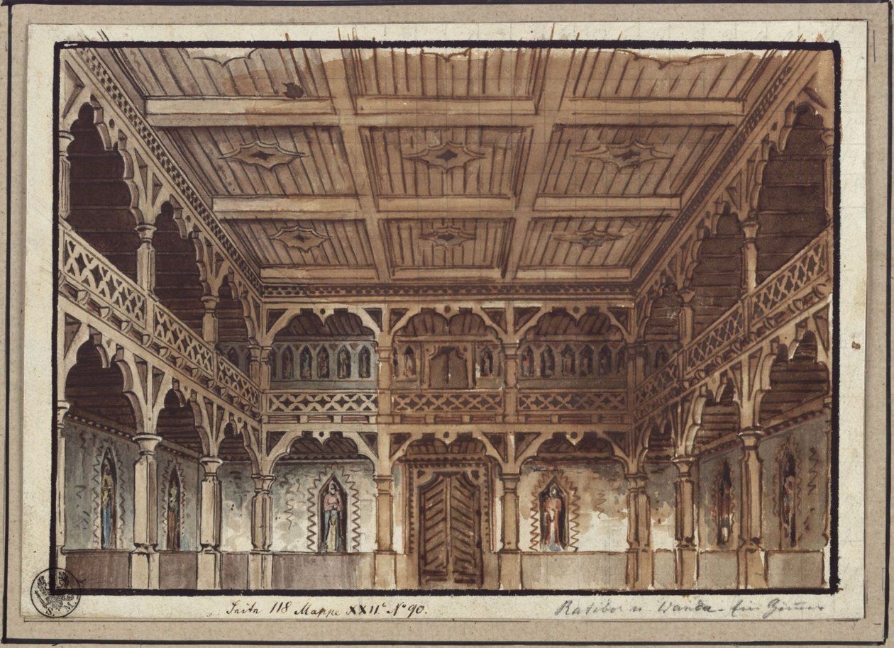 Ratibor und Wanda. Schauspiel von Jakob Andreas Konrad Levezow. Entwurf zur 2. Dekoration. Frauengemach in der Burg von Karl Friedrich Schinkel