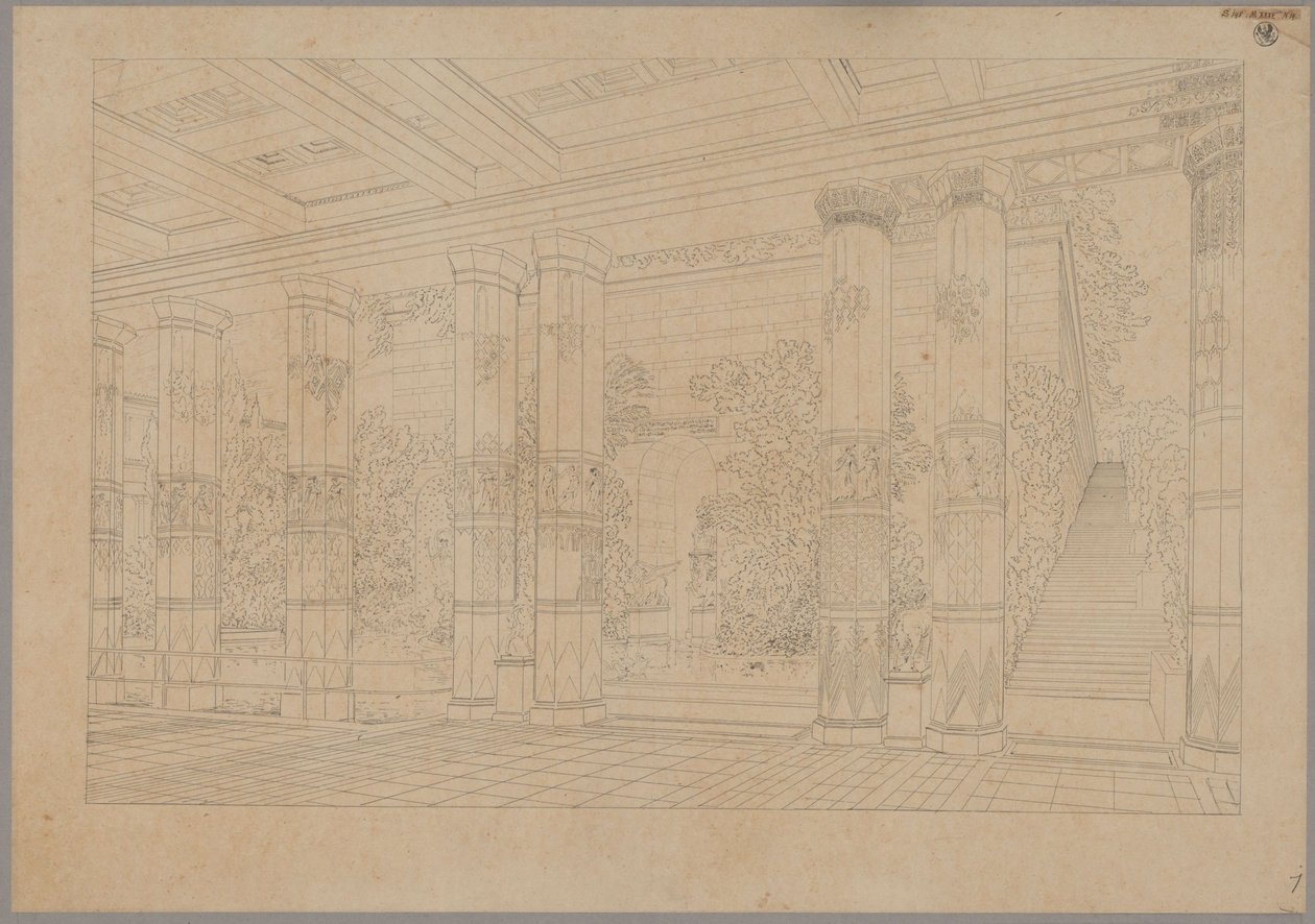 Schloss Orianda auf der Krim. Antikischer Entwurf. Perspektivische Ansicht des Portikus des Kaiserhofes mit Bassin und Museum von Karl Friedrich Schinkel