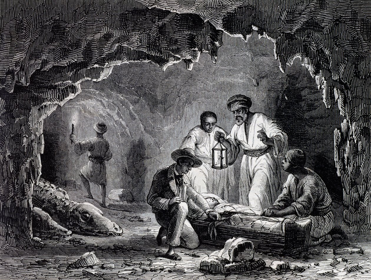 Archäologische Entdeckungen in den Höhlen von Samoun, Gravur nach einer Zeichnung von Karl Girardet (1813-1871) von Karl Girardet