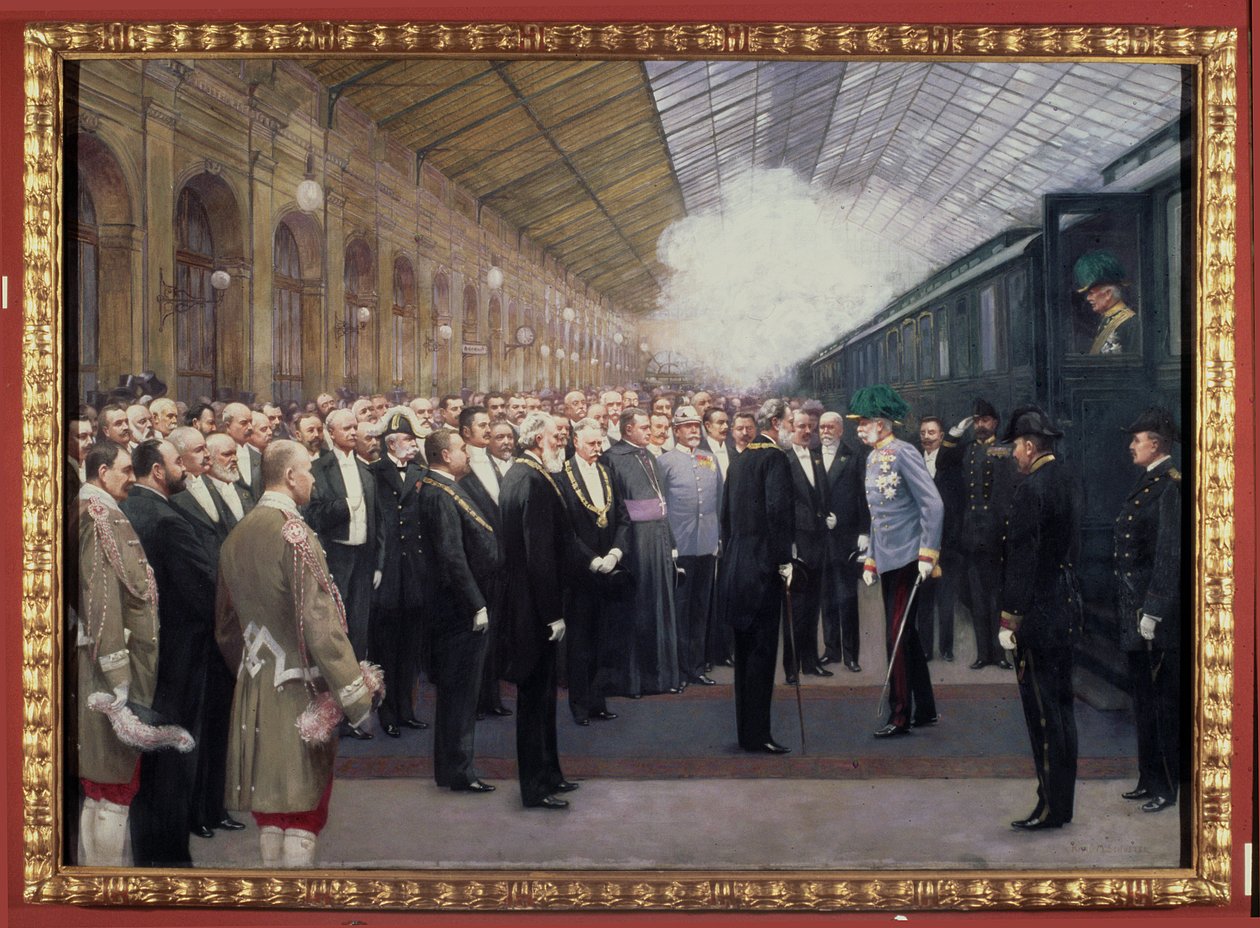 Empfang von Kaiser Franz Joseph I. von Österreich (1830-1916) am Staatsbahnhof anlässlich der Annexion von Bosnien und Herzegowina, 31. Oktober von Karl Maria Schuster