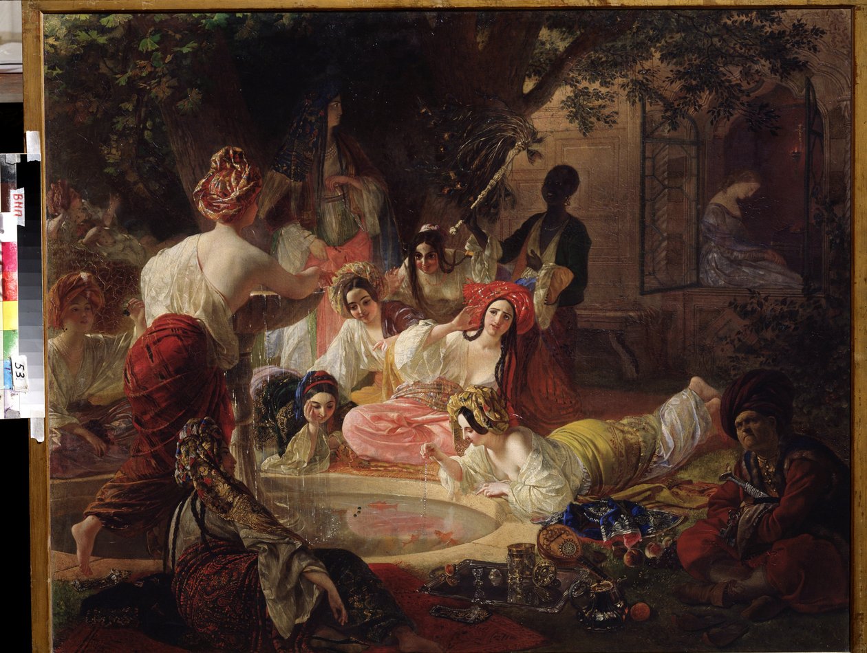 Der Brunnen von Bahçesaray. Frauen eines Harems spielen mit dem Wasser eines Brunnens in einem Goldfischbecken von Karl Pavlovich Bryullov