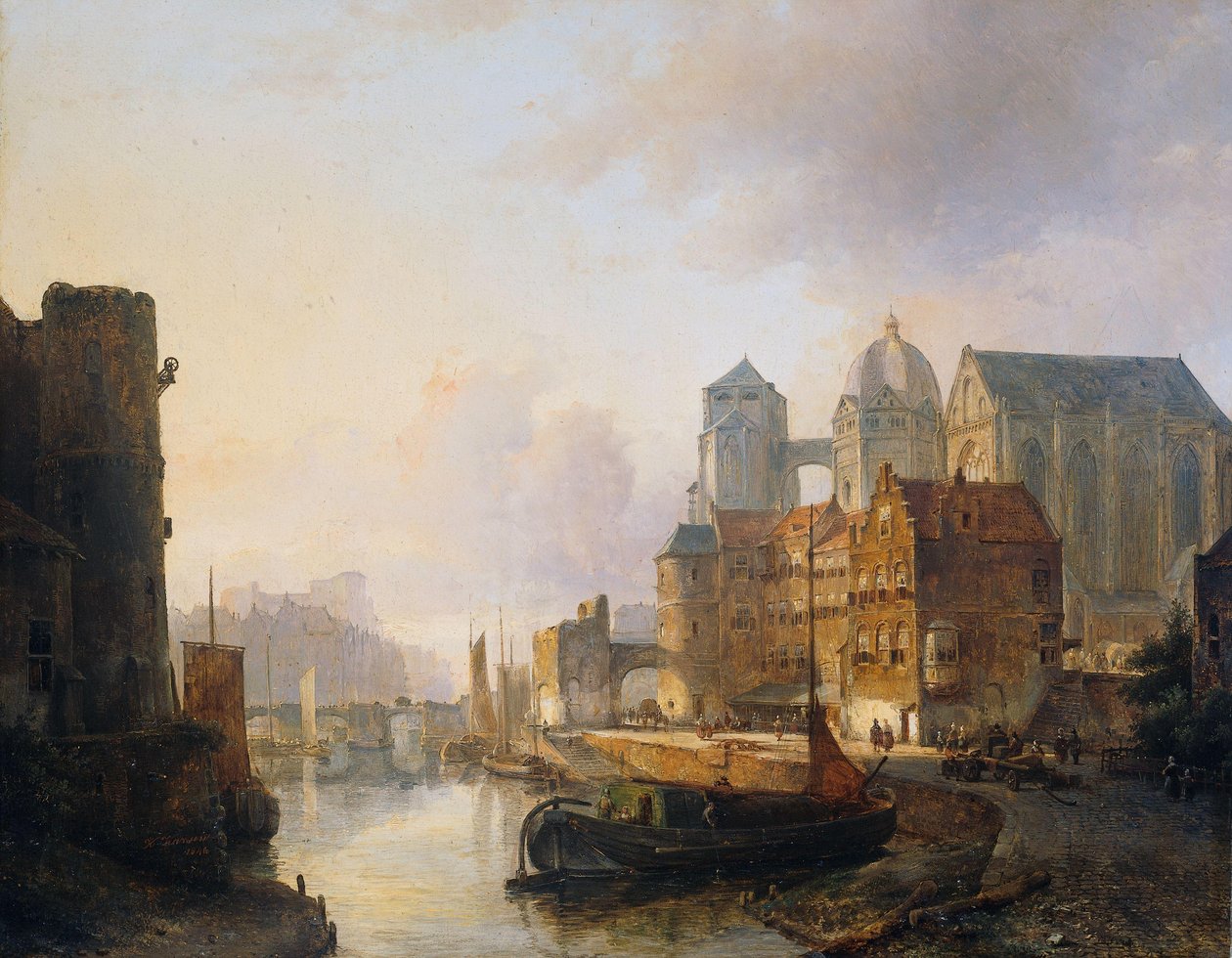 Imaginäre Ansicht einer Stadt am Flussufer mit dem Aachener Dom von Kasparus Karsen (signed by artist)