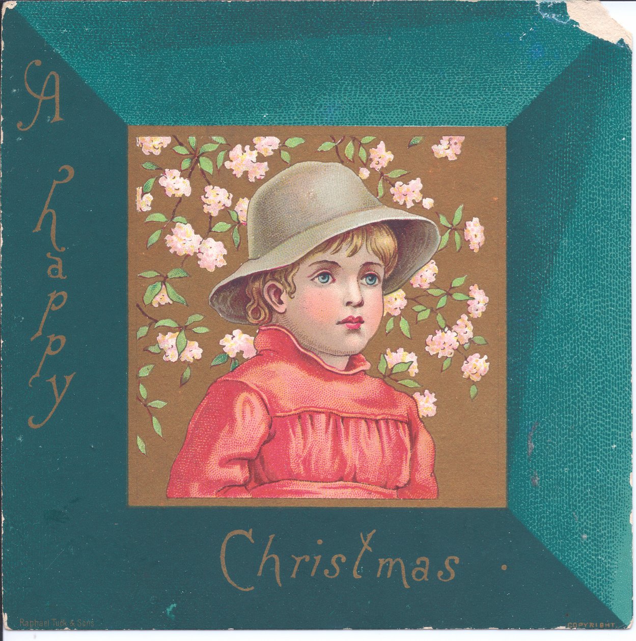 Viktorianische Neujahrskarte eines Mädchens in Regency-Kleidung mit einer Halskette aus blauen Perlen, ca. 1880 von Kate Greenaway