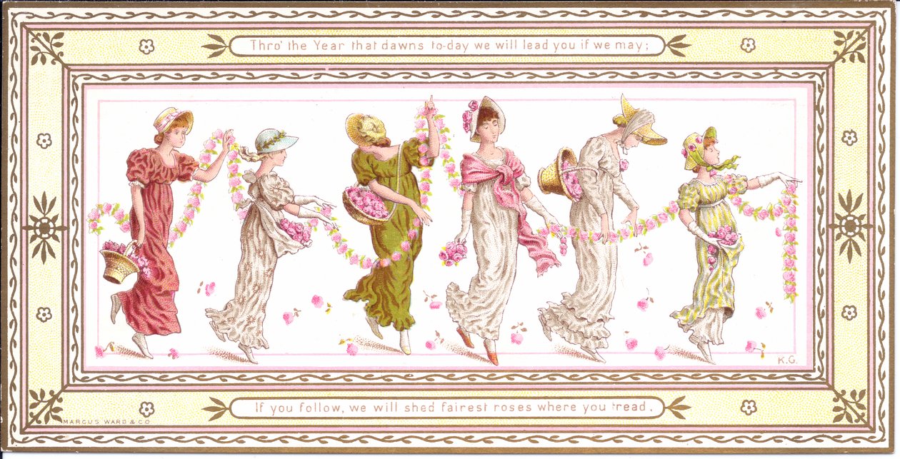 Viktorianische Grußkarte eines Kindes mit gelbem Schal um den Hals, ca. 1880 von Kate Greenaway