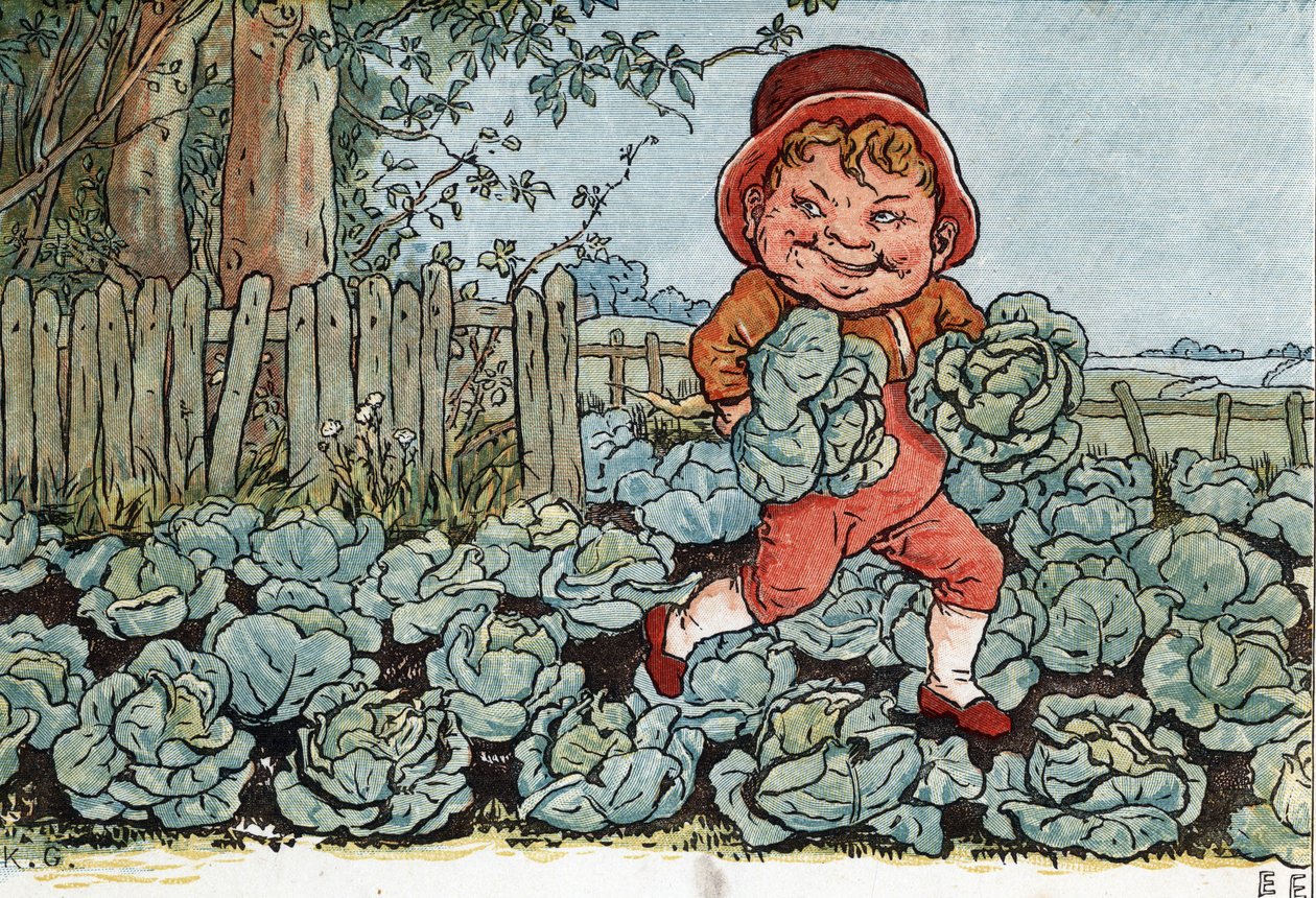 Ein Gnom stiehlt Kohl aus einem Gemüsegarten. Illustration von Kate Greenaway aus dem Buch der Geschichten und Kinderreime „Under The Window“ (1879), herausgegeben von Edmund Evans. von Kate Greenaway