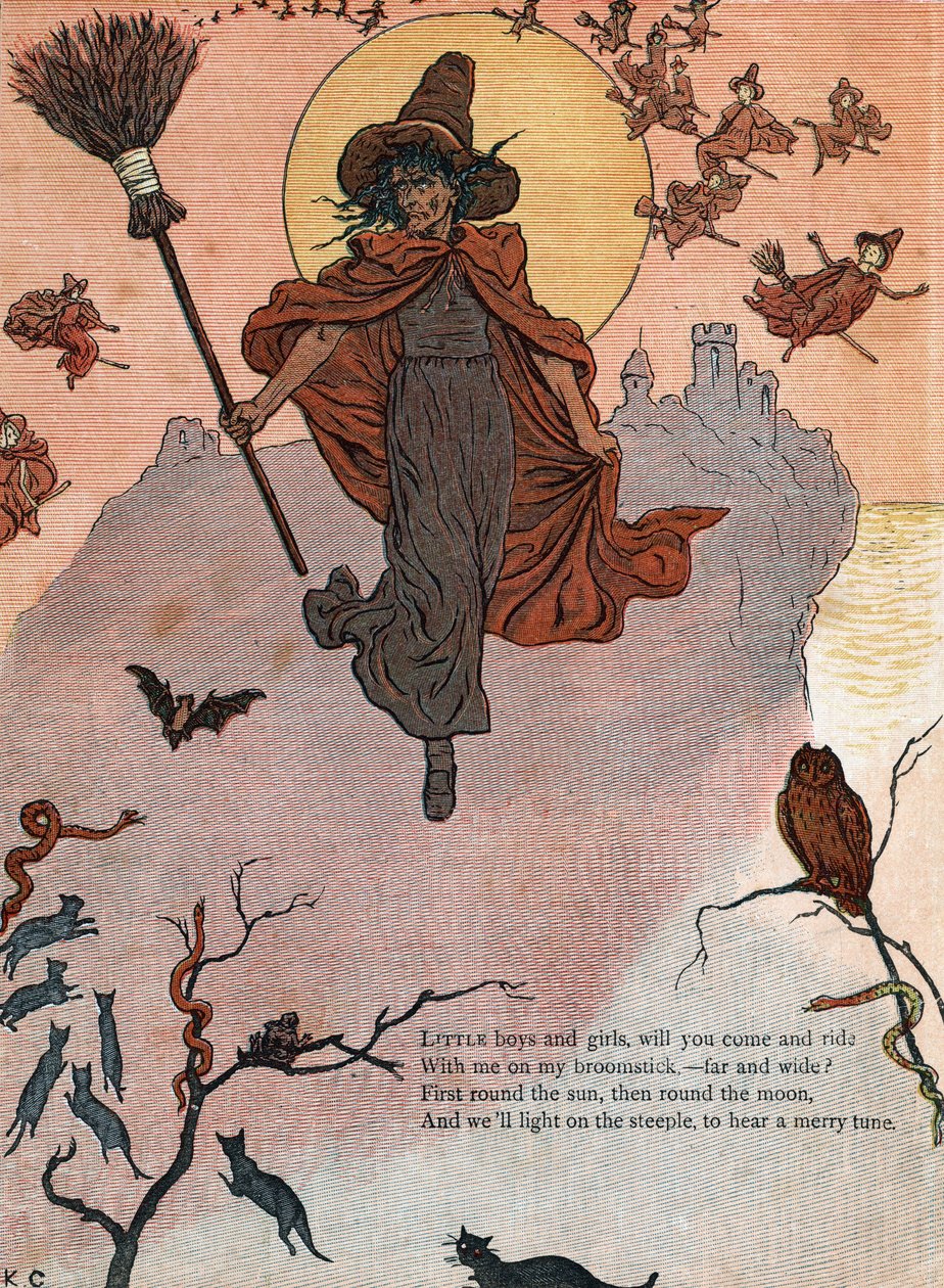 Eine Hexe und ihr Besen, umgeben von schwarzen Katzen, Fledermaus und Eule. Illustration von Kate Greenaway (1846-1901) aus dem Kinderbuch „Under The Window“ von Kate Greenaway