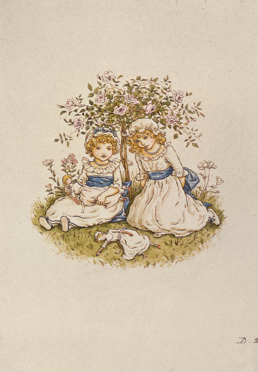 Zwei Mädchen mit Puppen unter einem Rosenbusch, 19. Jahrhundert von Kate Greenaway