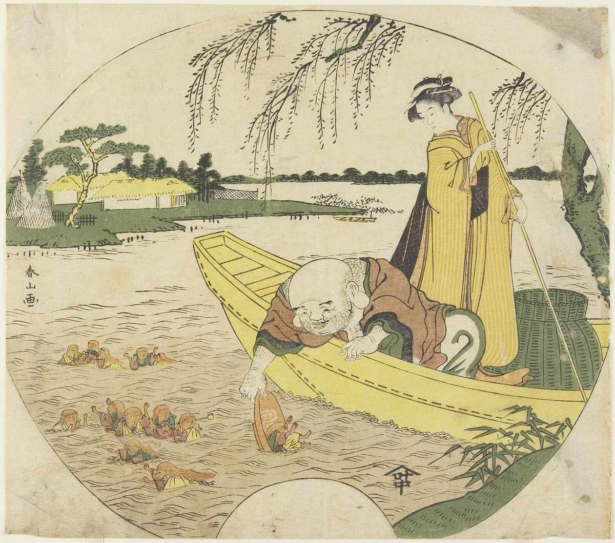 Hotei-Gott auf einem Boot, der Sho_jo_-Kobolde mit einer Sake-Tasse fängt, 1782-1789 von Katsukawa Shunzan