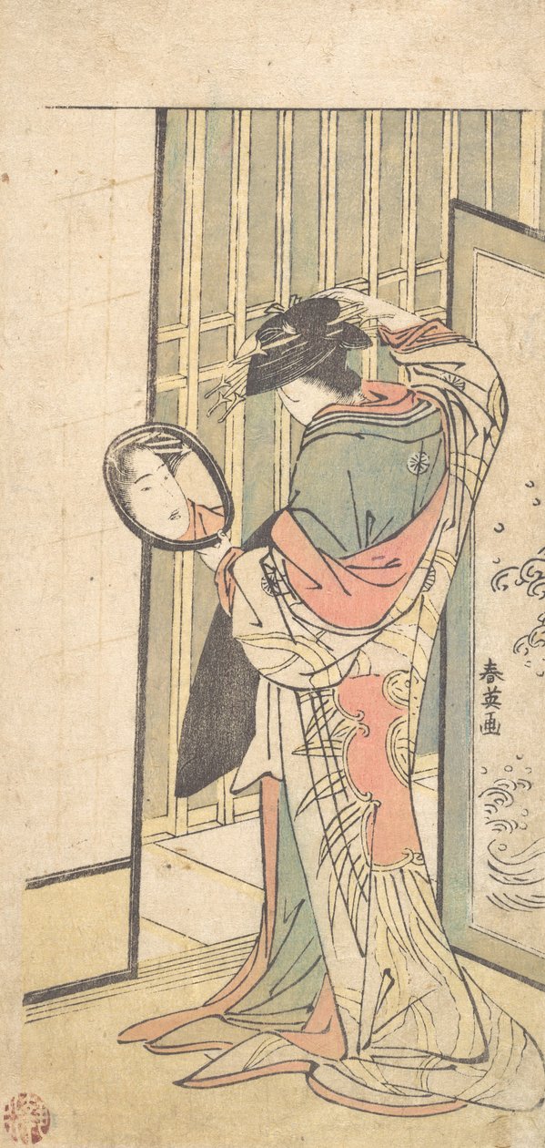 Eine Kurtisane betrachtet ihr Spiegelbild in einem Handspiegel, ca. 1787 von Katsukawa Shun