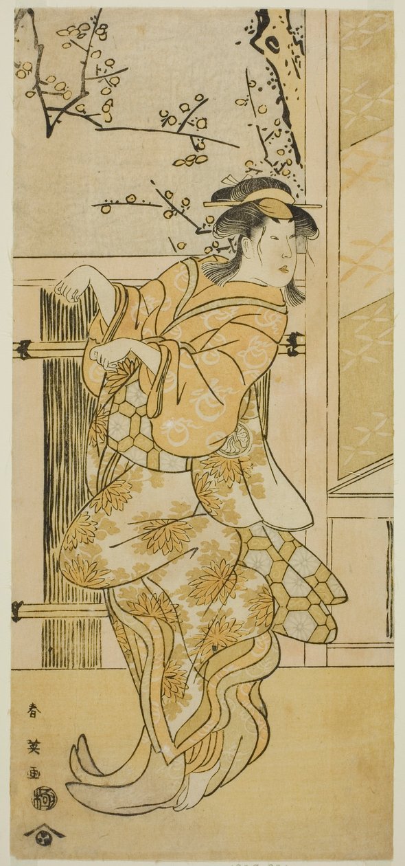 Der Schauspieler Segawa Kikunojo III als Kojoro-gitsune (weiblicher Fuchs) verkleidet als Omiki im Stück Komachi-mura Shibai no Shogatsu, aufgeführt im Nakamura-Theater im elften Monat, 1789 von Katsukawa Shun