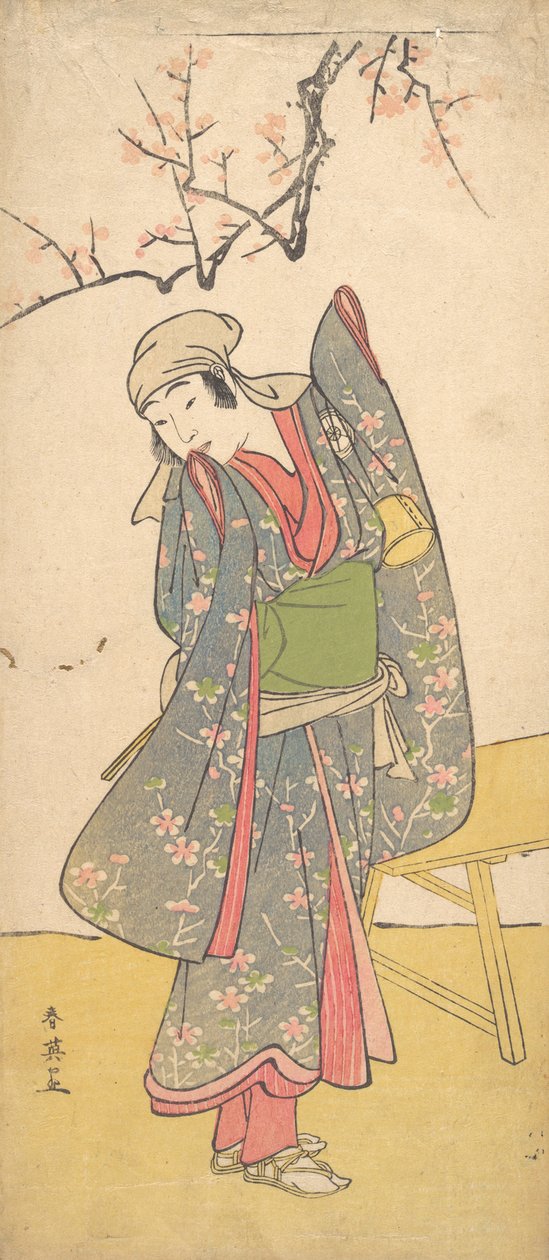 Der vierte Iwai Hanshiro als junges Mädchen, das an einer Holzbank steht, ca. 1790 von Katsukawa Shun