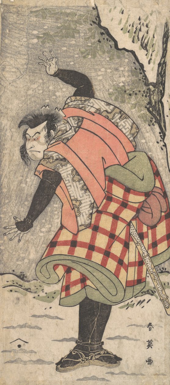 Unidentifizierter Schauspieler als Kyokaku am Fuße einer Klippe im Schneesturm, ca. 1793 von Katsukawa Shun