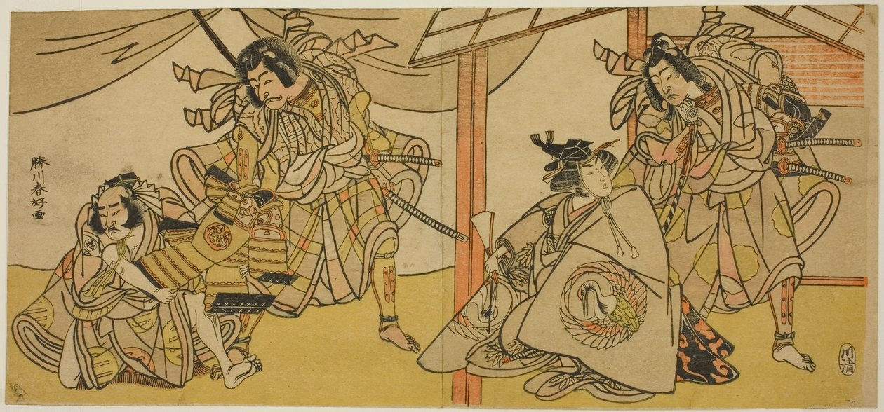 Rechte Seite: Die Schauspieler Bando Hikosaburo III als Soga no Goro (rechts) und Segawa Kikunojo IV als Onna Asahina (links), im Stück Ume-goyomi Akebono Soga; Linke Seite: Die Schauspieler Onoe Matsusuke I als Furugori Shinzaemon (links) und Ichikawa Dan von Katsukawa Shunkо̄