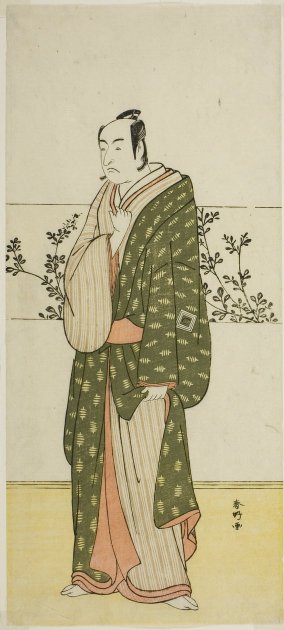 Der Schauspieler Ichikawa Monnosuke II, möglicherweise als Matsuya Soshichi, im Stück Chiyo no Hajime Ondo no Seto (Anfänge der Ewigkeit: Die Ondo-Straße im Seto-Binnenmeer) (?), aufgeführt im Kiri-Theater ab dem siebenundzwanzigsten Tag des siebten Monats von Katsukawa Shunkо̄