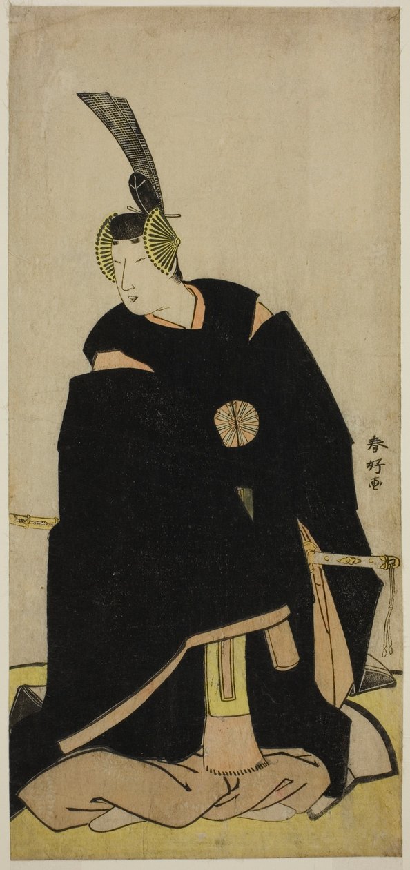 Der Schauspieler Nakamura Tomijuro I als Taira no Masakado verkleidet als Otomo no Kuronushi (?) oder Sugawara Micihizane (?) im Stück Shida Yuzuriha Horai Soga (?) oder Sugawara Denju Tenarai Kagami (?), aufgeführt im Morita-Theater (?) im ersten oder fün von Katsukawa Shunkо̄