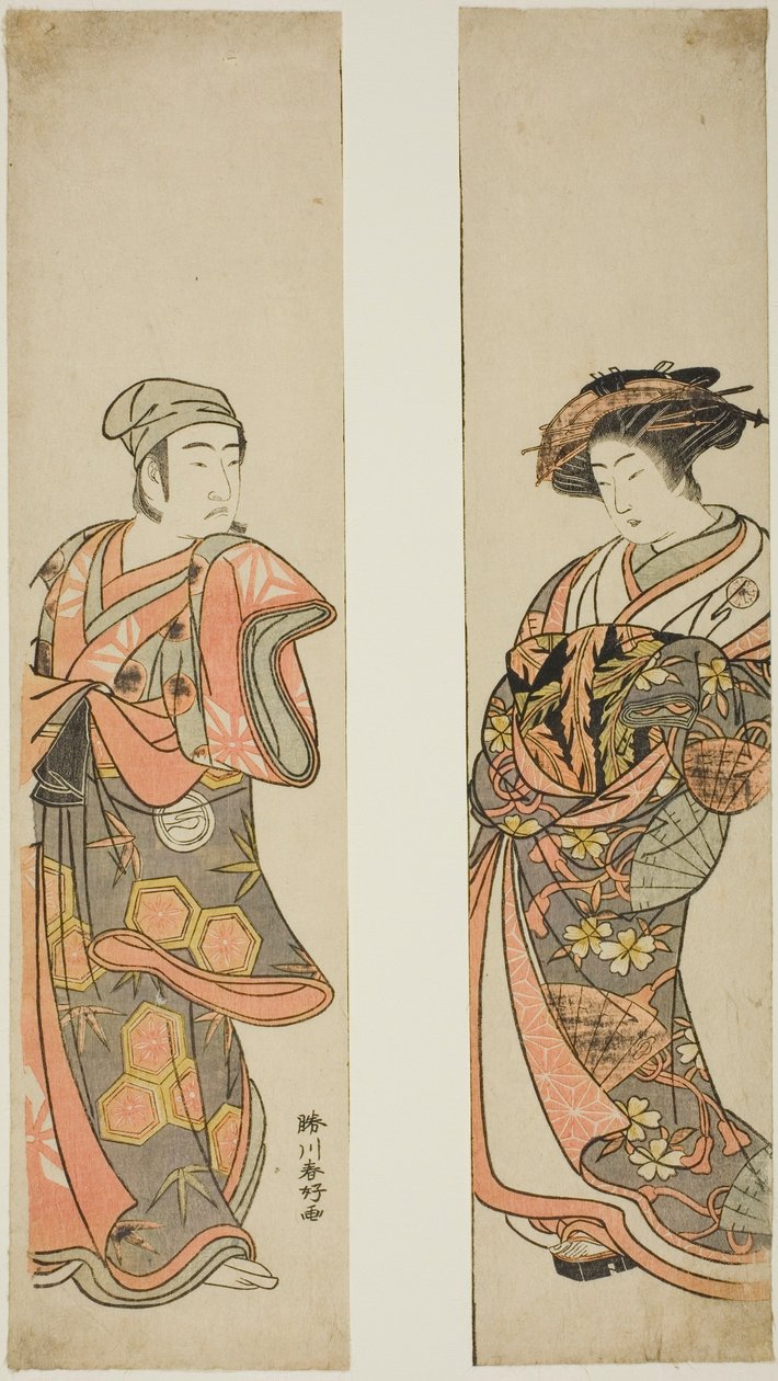 Der Schauspieler Nakamura Tomijuro I als Kurtisane (rechts) und Sawamura Sojuro III als Oyamada Taro (?) verkleidet als Tarosaku aus dem Dorf Oyamada (links) im Stück "Azuma no Mori Sakae Kusunoki," aufgeführt im Ichimura Theater im elften Monat, 1779 von Katsukawa Shunkо̄