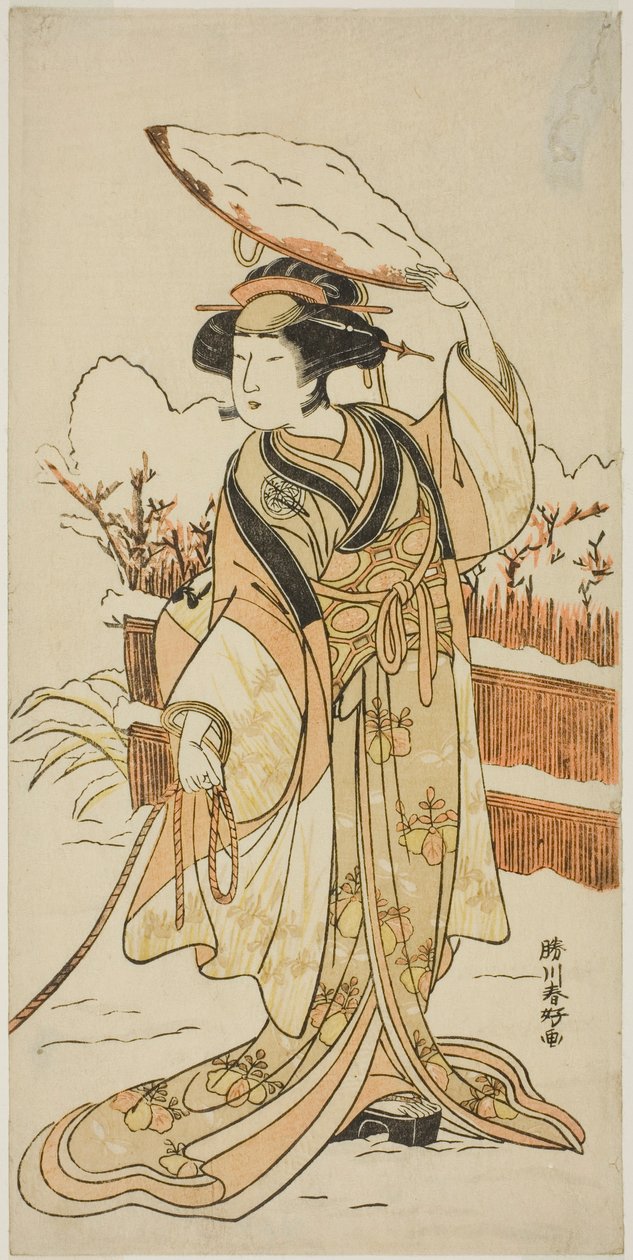 Der Schauspieler Yoshizawa Ayame IV als Yadorigi, die Schwester von Nikaido Shinanosuke, verkleidet als Orie, die Frau von Aoto Magosaburo, in Teil Zwei des Stücks Motomishi Yuki Sakae Hachi no Ki (Aufblicken zum fallenden Schnee: Gedeihende Topfbäume), au von Katsukawa Shunkо̄