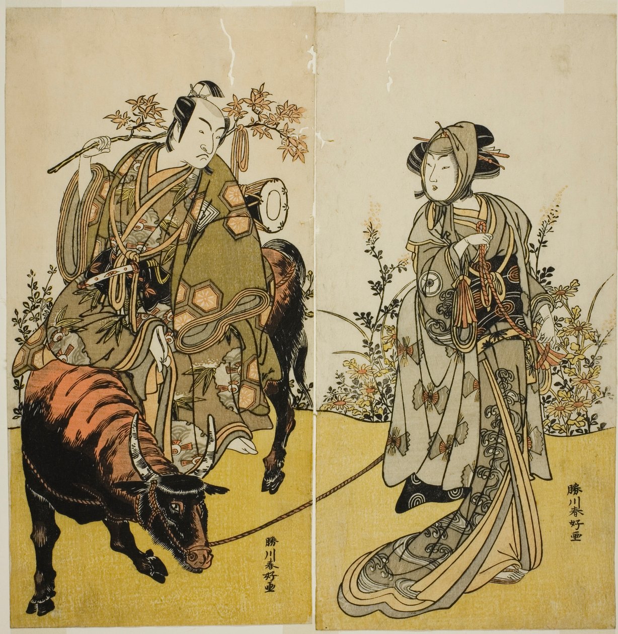Die Schauspieler Iwai Hanshiro IV als Okume (rechts) und Ichikawa Monnosuke II als Koshiba Yukienojo verkleidet als Eboshi-Verkäufer Rokusaburo (links), im Stück Katakiuchi Adana Kashiku, aufgeführt im Nakamura-Theater im siebten Monat, 1779 von Katsukawa Shunkо̄