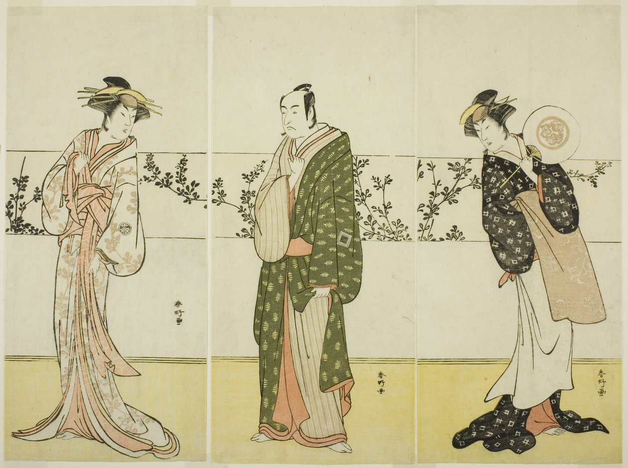 Die Schauspieler Osagawa Tsuneyo II (rechts), Ichikawa Monnosuke II (Mitte) und Segawa Kikunojo III (links), möglicherweise als Misao Gozen, Matsuya Soshichi und die Kurtisane Kojoro von Hakata, im Stück Chiyo no Hajime Ondo no Seto (Anfänge der Ewigkeit:  von Katsukawa Shunkо̄